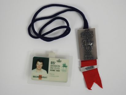 null Olympic Games. 1982 85th IOC Session, Rome Italy, two pieces; a) silver badge...