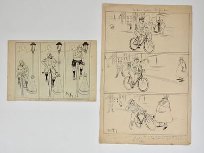 null Cycling . Original drawings. Four original plates by Georges M. India ink and...