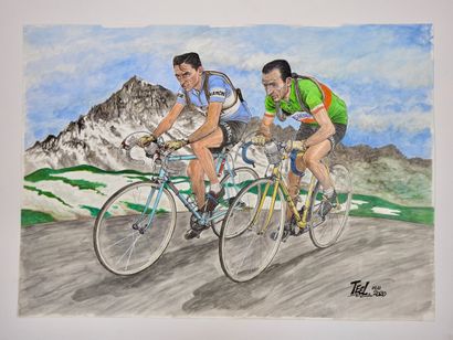 null Cycling. Coppi and Bartali. TEEL. 1949-1952. Superb original watercolour of...