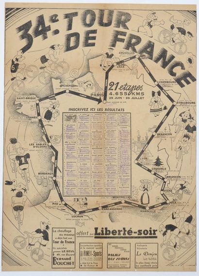 null Cyclisme. Tour 1947. Parcours. La grande carte humoristique illustrée du parcours...