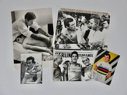 null Cycling. Hinault. Autograph. Five pieces: a photo card in rainbow jersey with...