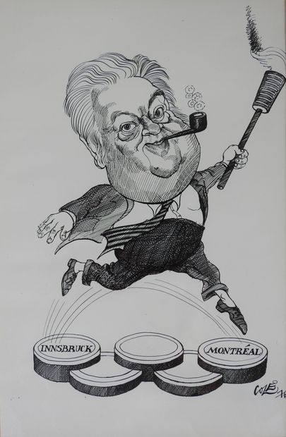 null Jeux Olympiques. INNSBRUCK dessin original de Lord Killanin il saute d'Innsbruck...