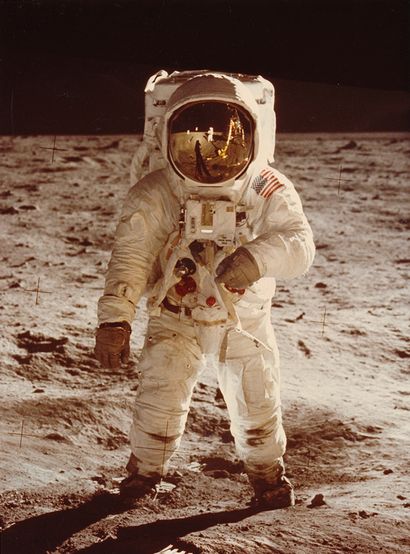 null Nasa. Apollo 11 mission. Historical close-up view of astronaut Buzz Aldrin standing...