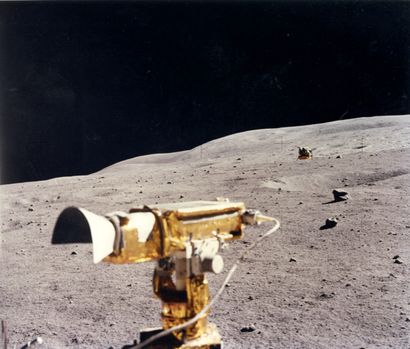 null Apollo 16. Remote view of the lunar module "Orion" from the lunar rover with...