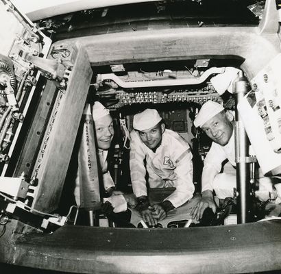 null Nasa. The 3 astronauts of the APOLLO 11 Mission training inside a capsule of...