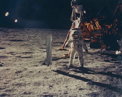 null NASA. Apollo 11 mission. Historic photograph of astronaut Buzz Aldrin standing...