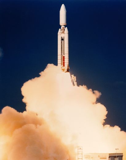 null NASA. Liftoff of a rocket carrying an unidentified space probe. Circa 1980....