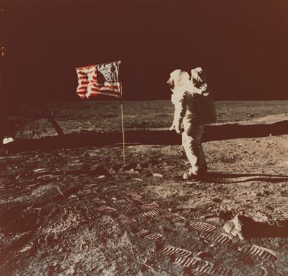 null NASA. Apollo 11 mission. Historic photograph showing astronaut Buzz Aldrin saluting...