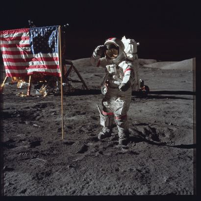 null Nasa. LARGE FORMAT. Astronaut Eugene A. Cernan, commander of Apollo 17, salutes...