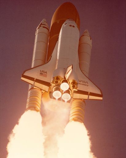 null NASA. Space Shuttle Discovery liftoff on January 24, 1985. The firepower of...