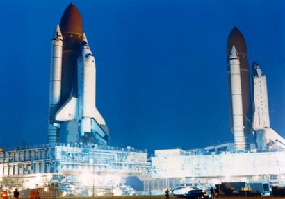 null Nasa. Impressive shot of two space shuttles on their respective launch pads...