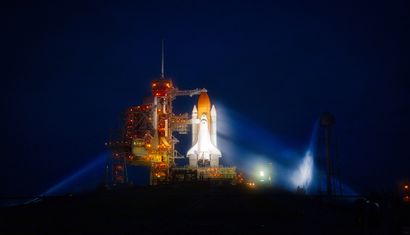 null NASA. A nice night panorama of the space shuttle ATLANTIS on its launch pad....