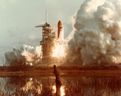 null Nasa. Space shuttle takeoff from Cape Canaveral marshes in Florida. Circa 1980....