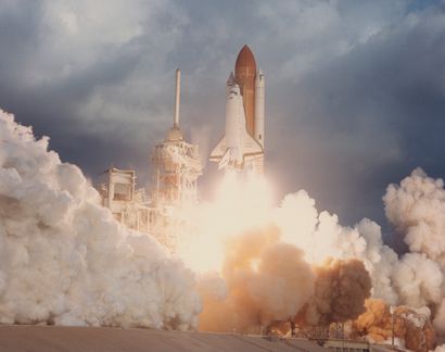null NASA. Panoramic liftoff of the space shuttle DISCOVERY. Circa 1990.period chromogenic...