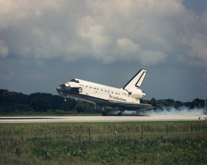null NASA. On July 7, 1995, Space Shuttle Atlantis makes a soft landing at the end...