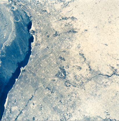 null NASA. Observation of the Earth. View of the city of Chicago in Illinois. On...