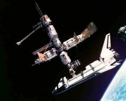 null NASA. Spectacular view of Space Shuttle ATLANTIS (Mission STS-71) docking for...