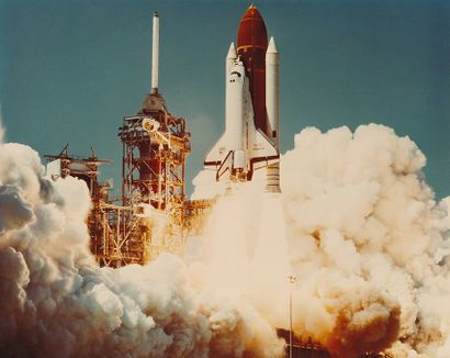 null NASA. Historic liftoff of the space shuttle CHALLENGER (Mission STS-6) for its...