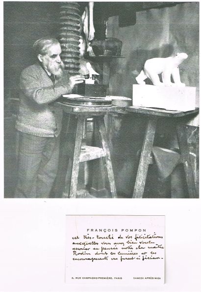 null 215 - François POMPON (Saulieu 1855-1933), sculpteur. Carte de visite avec correspondance...