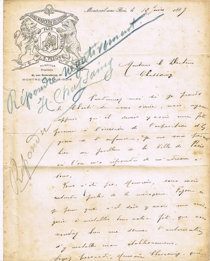 null 303 - CIRQUE. Le dompteur Baptiste PEZON (1827-1897). Lettre autographe signée,...