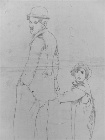 null 304 - [Charlie CHAPLIN]. "The Kid". Set of 2 large 1922 graphite drawings (27...