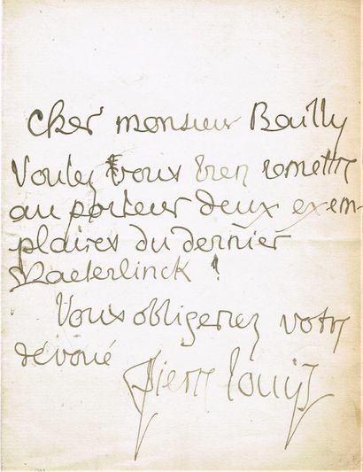 null 143 - Pierre LOUYS (1870-1925). Lettre autographe signée, 1 p in-8, à Edmond...