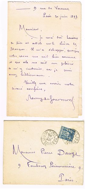 null 121 - Rémy de GOURMONT (1858-1915), écrivain. Lettre autographe signée, 30 juin...