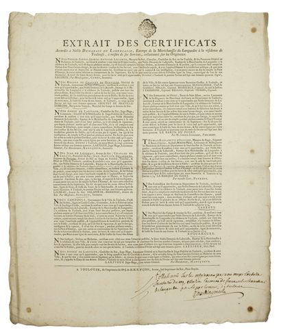 null MARÉCHAUSSÉE OF LANGUEDOC. 1774. "Extracts of the Certificates granted to NOBLE...