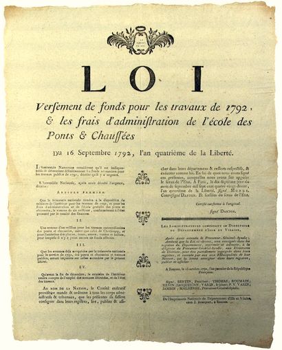 null ÉCOLE DES PONTS & CHAUSSÉES. 1792. DANTON. ILLE-ET-VILAINE. Loi du 16 Sept 1792....