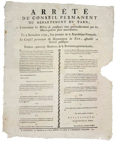 null TARN. 1792. (BILLETS DE CONFIANCE). Arrêté du CONSEIL PERMANENT du Département...