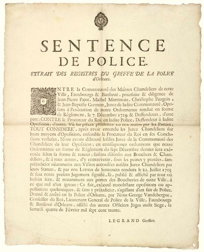 null LOIRET. 1730. MASTER CANDLESTEADERS OF ORLEANS (45) - Sentence of Police, given...