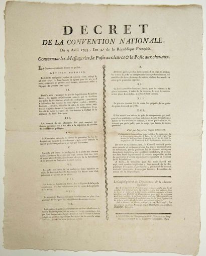null POSTES & MESSAGERIES. 1793. « Décret de la Convention Nationale, du 9 avril...