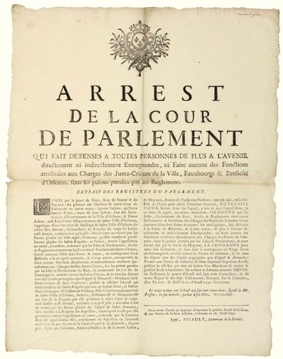 null 1732. ORLEANS (45). JURORS-CRIEURS. "Arrest of the Court of Parliament which...