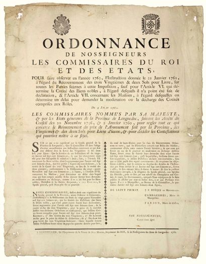 null 1762. LANGUEDOC. BIENS & DROITS NOBLES. ORDONNANCE de Nosseigneurs Les Commissaires...