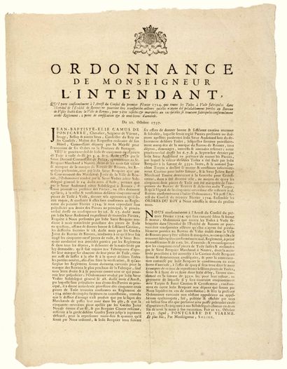 null 1737. BRITAIN. CLOTHS WITH SAILS OF RENNES (35). "Ordinance of Monseigneur l'Intendant...