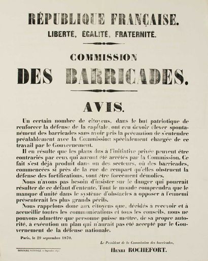 null SIÈGE DE PARIS. « COMMISSION DES BARRICADES. » Paris le 29 Septembre 1870. Avis...