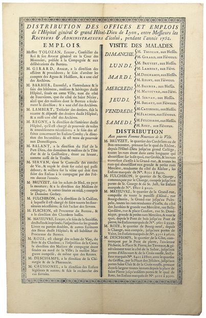 null HÔTEL-DIEU DE LYON. 1752. “Distribution des Offices et Emplois de l’Hôpital...
