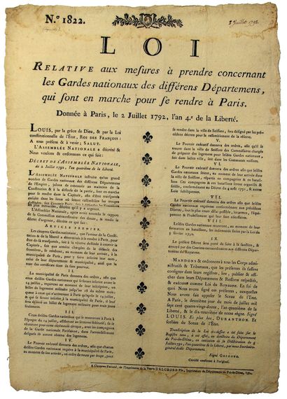 null MARCHE SUR PARIS. 1792. DÉFENSE DE LA PATRIE. PUY-DE-DÔME. « Loi relative aux...