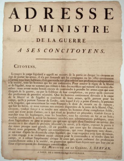 null "ADDRESS by SERVAN Minister of War (in 1792), to his fellow citizens" in Paris,...