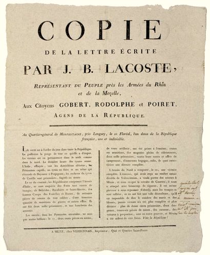 null MEURTHE-ET-MOSELLLE. 1794. “COPIE de la Lettre écrite par Jean Baptiste LACOSTE,...