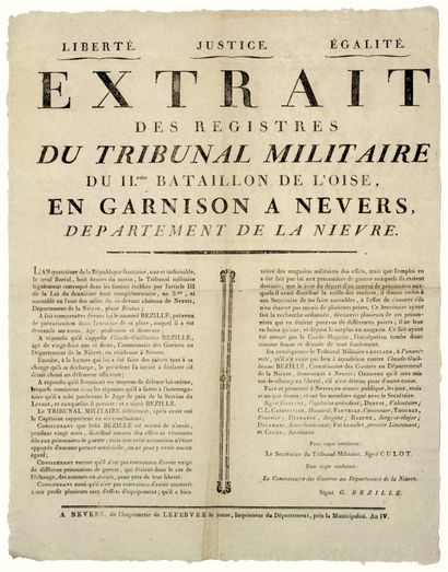 null OISE. NIÈVRE. 1796 « Extrait des registres du TRIBUNAL MILITAIRE du 2ème BATAILLON...