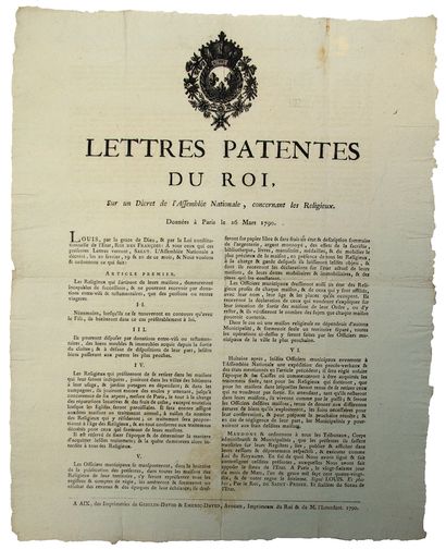 null BOUCHES-DU-RHÔNE. 1790. ABOLITION OF THE REGULAR CLERGY. "Letters patent of...