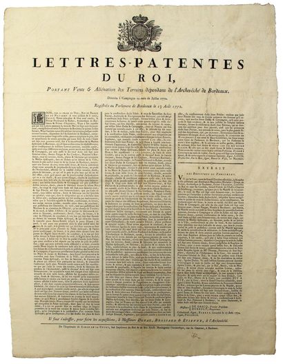 null 1772. BORDEAUX (33). «Lettres-Patentes du Roi, portant Vente & Aliénation des...