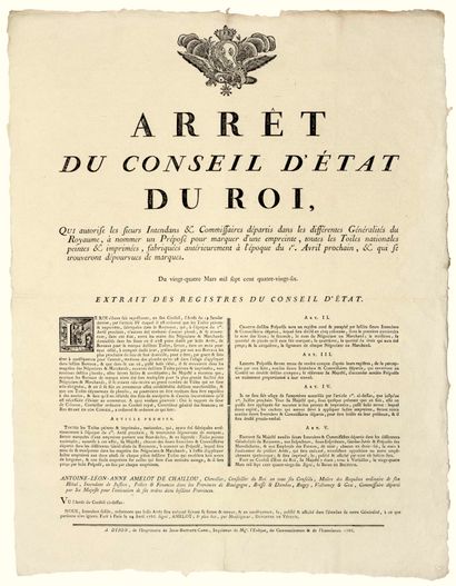 null CÔTE D’OR. 1786. BOURGOGNE & BRESSE. MARQUE DES TOILES NATIONALES PEINTES OU...