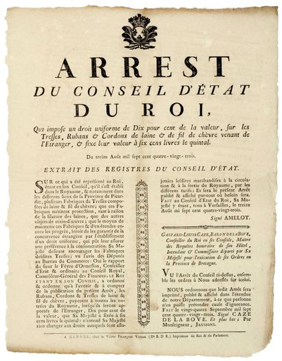 null BRETAGNE. 1783. FILATURE DE LAINE. PROTECTIONNISME. “Arrest du Conseil d’État...