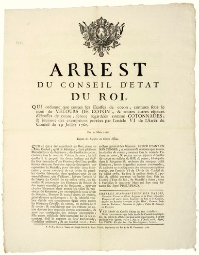 null 1766. PROVENCE. (MANUFACTURES DES ÉTOFFES DE COTON. DOUANE). « Arrest du Conseil...