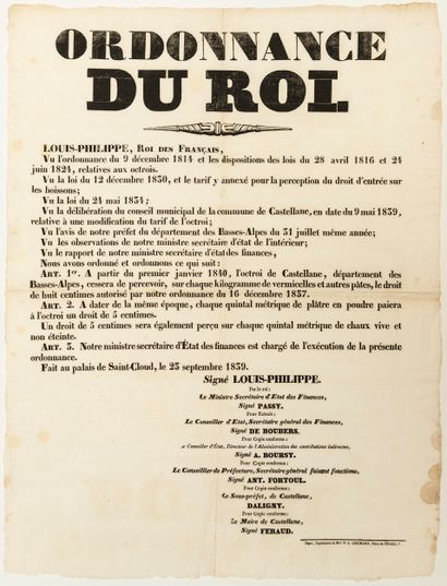 null ALPES-DE-HAUTE-PROVENCE. 1839. TARIF DE L’OCTROI DE CASTELLANE. Ordonnance du...