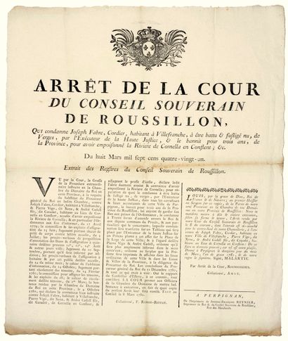 null 1781. ROUSSILLON. EMPISONER. "Decree of the Court of the Sovereign Council of...