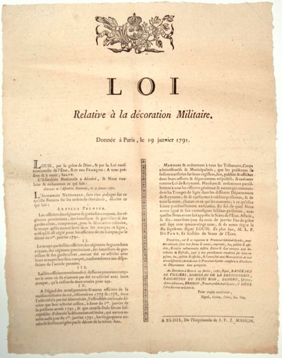null LOIR-ET-CHER. 1791. “LOI relative à la DÉCORATION MILITAIRE.” Donnée à Paris...