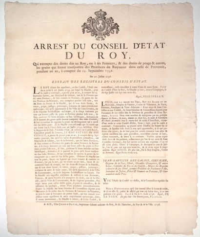 null CIRCULATION DES GRAINS 1736. PÉAGES. DOUANE. « Arrêt du Conseil d’État du Roy,...